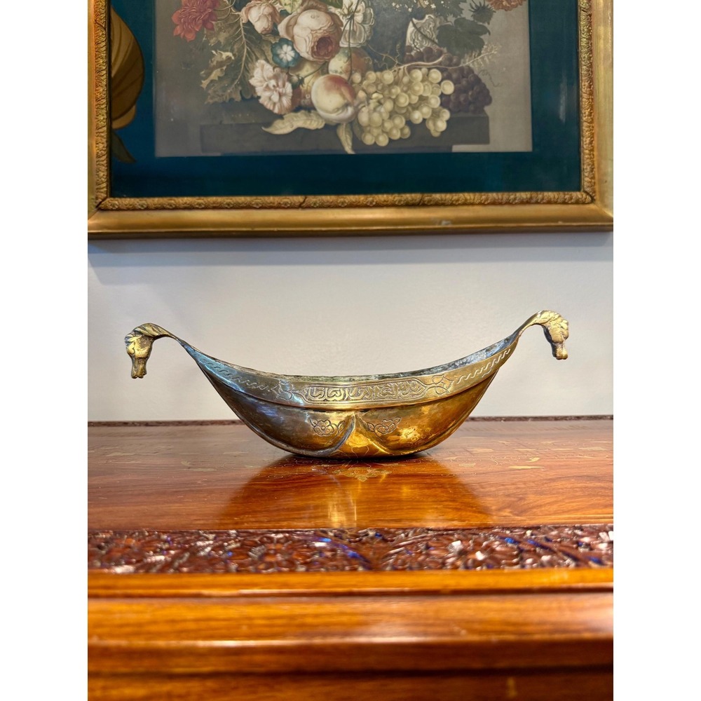 Antique Brass Kashkul Bowl • Horse Head Handles Equestrian Decor